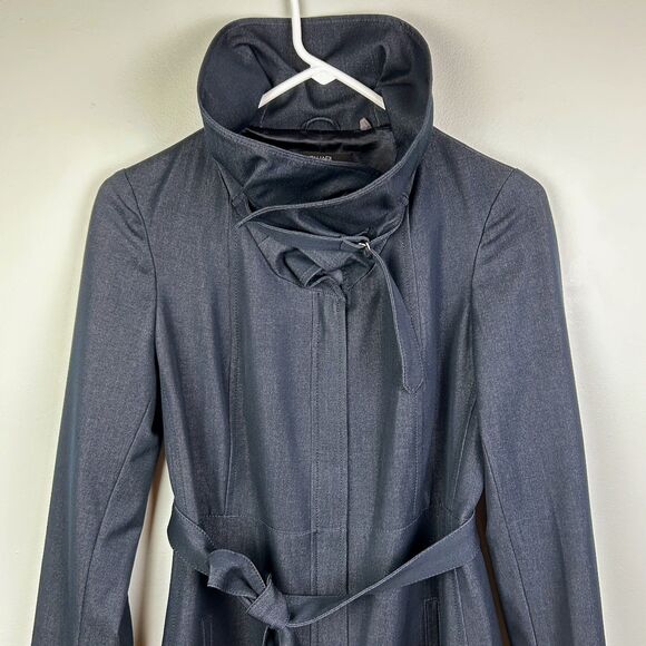 Tahari Navy Blue Chambray Trench Coat Lightweight Belted Jacket Funnel Neck XS - Picture 3 of 16